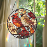 Cardinal Stained Glass Suncatcher, Round Red and Yellow Bird Window Panel with Flowers, Nature Inspired Wildlife Home Decor Gift